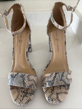 Chinese Laundry Snake-Print Ankle Strap Block Heels in Beige and Black